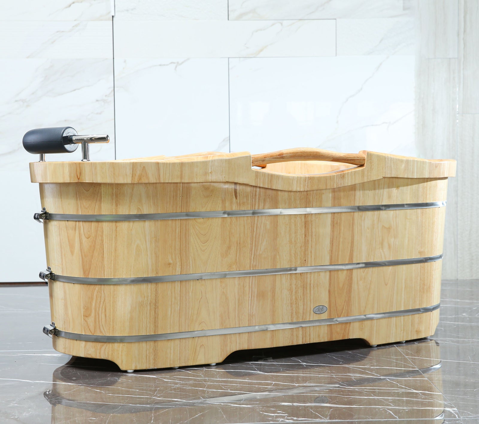 ALFI 61" Free Standing Oak Wood Bath with Cushion Headrest