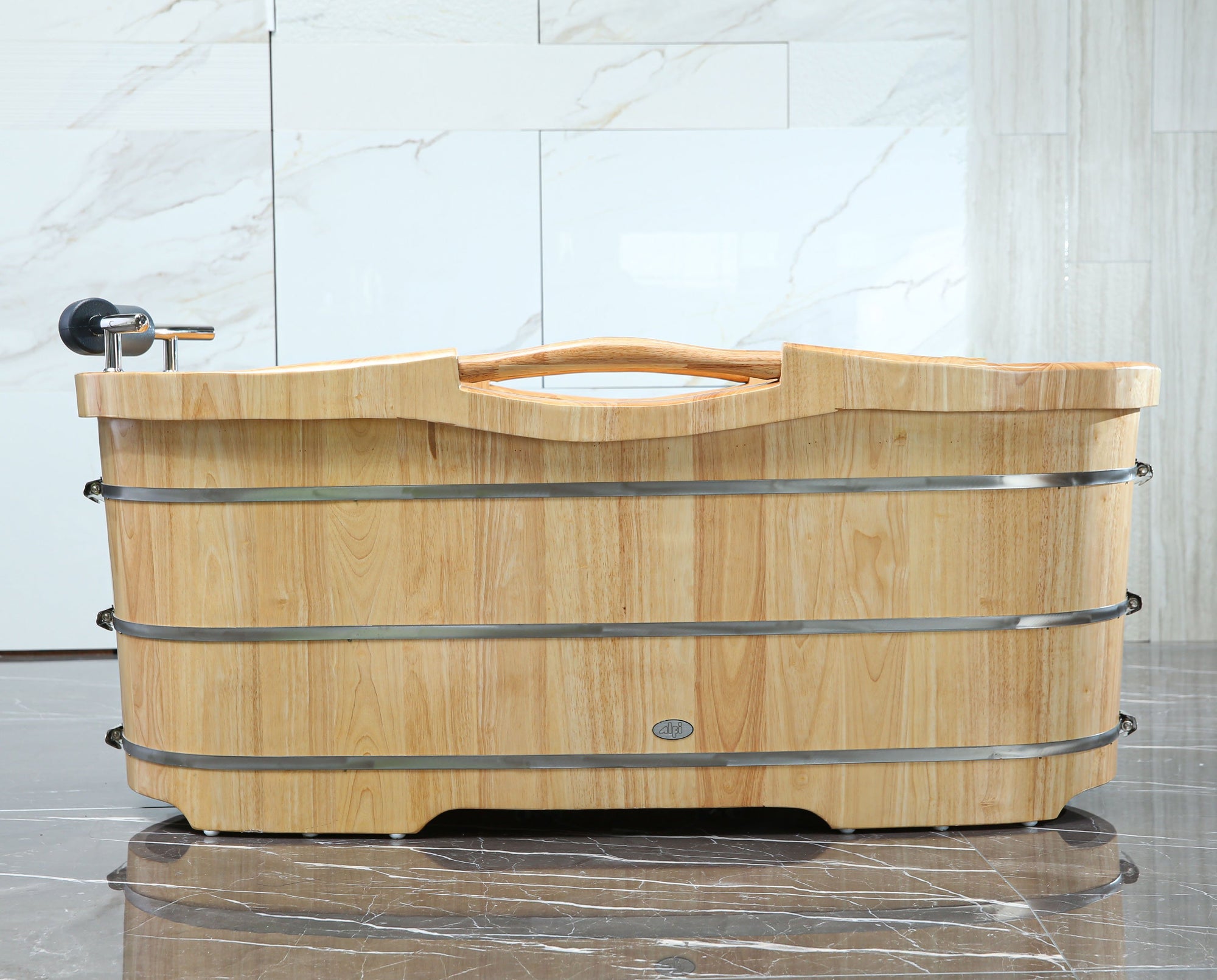ALFI 61&quot; Free Standing Oak Wood Bath with Cushion Headrest
