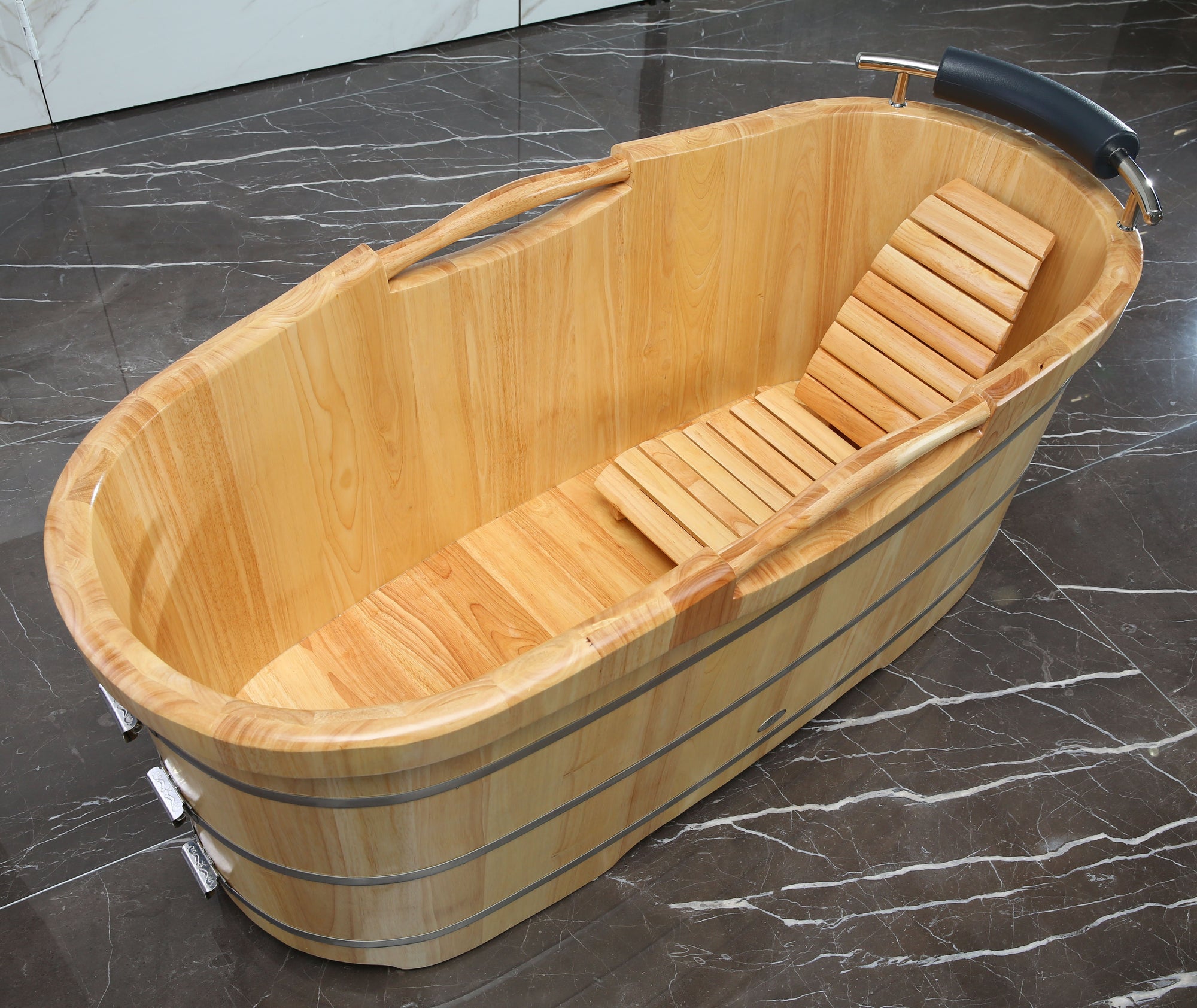 ALFI 61&quot; Free Standing Oak Wood Bath with Cushion Headrest