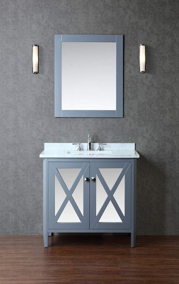 Summit 36" Single Sink Bathroom Vanity, White Marble Counter Top, Matching Mirror