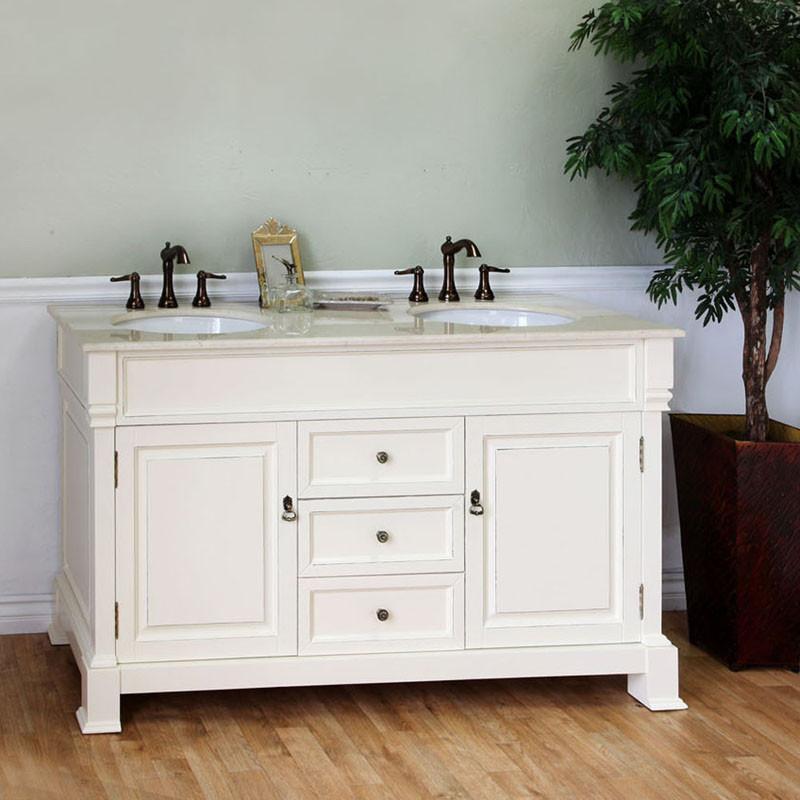 60" Double Sink Vanity, Solid Wood, Cream Finish, Cream White Marble Top