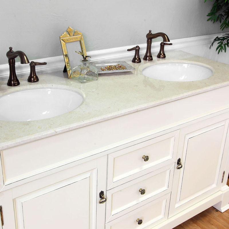 60" Double Sink Vanity, Solid Wood, Cream Finish, Cream White Marble Top