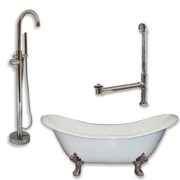 Cast Iron Double Slipper Tub 71", Standing Tub Filler Shower Nickel Package