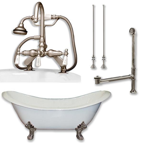 Cast Iron Double Slipper Tub 71", Telephone Faucet Brushed Nickel Package