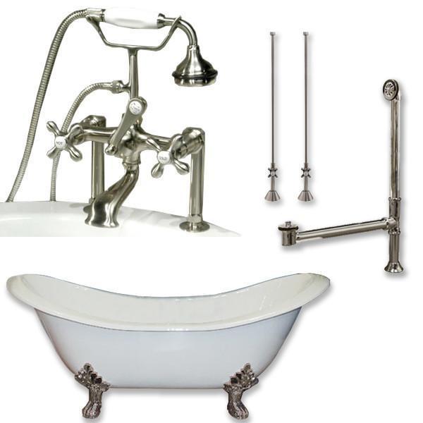 Cast Iron Double Slipper Tub 71", Telephone Style Faucet Nickel Package