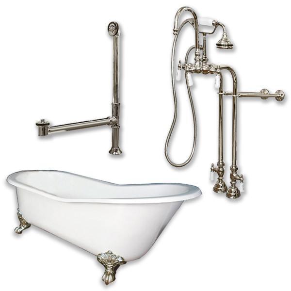Cast Iron Slipper Clawfoot Tub 61", Standing Faucet Shower Nickel Package