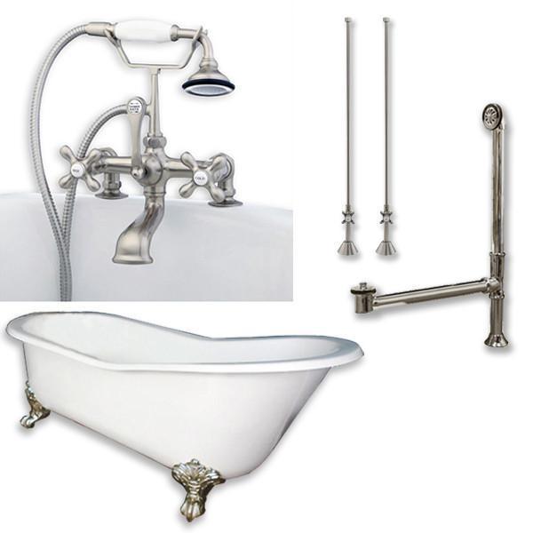 Cast Iron Slipper Clawfoot Tub 61" with Brushed Nickel Plumbing Package