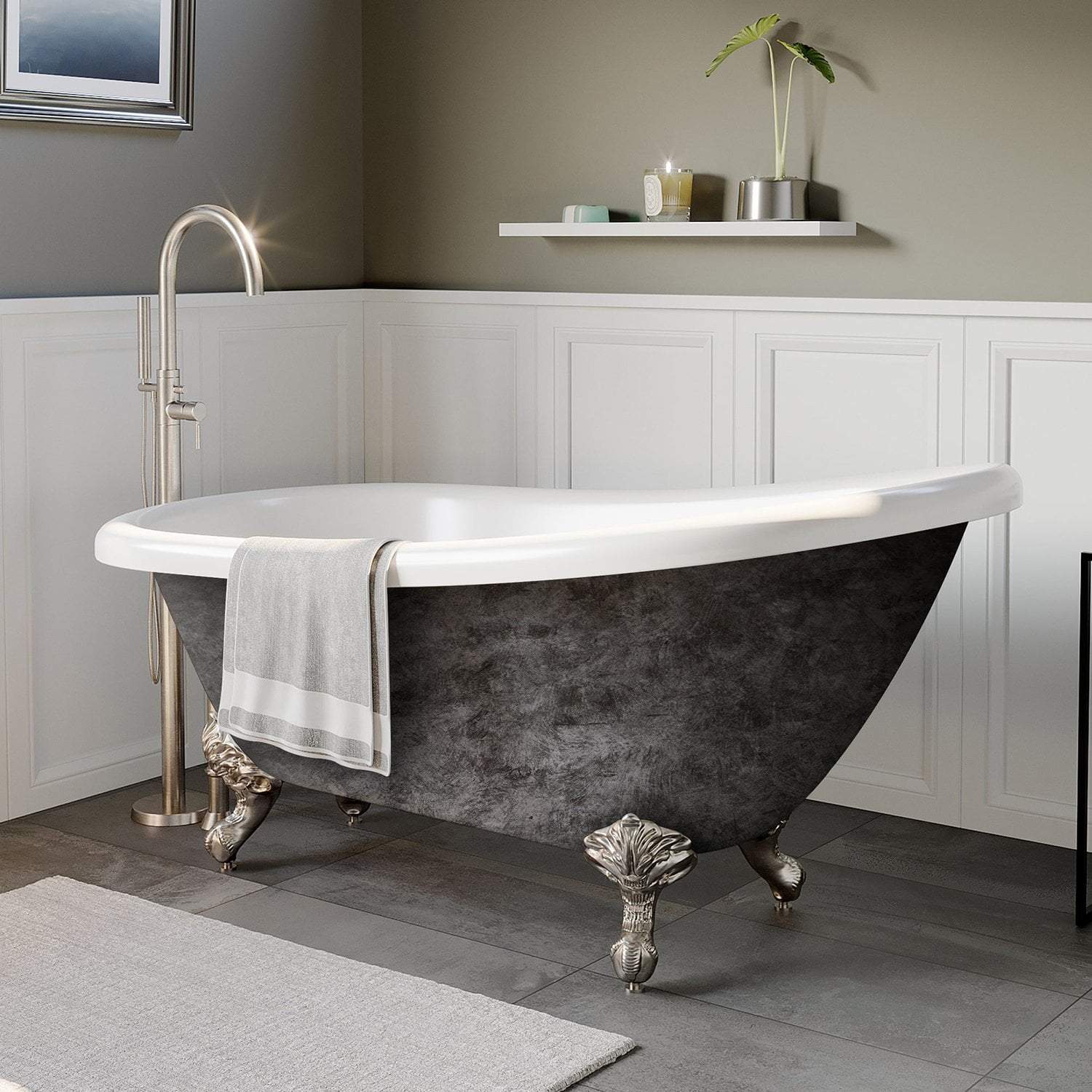 Scorched Platinum 61” x 28” Acrylic Slipper Bathtub with” No Faucet Holes and Brushed Nickel Ball and Claw Feet