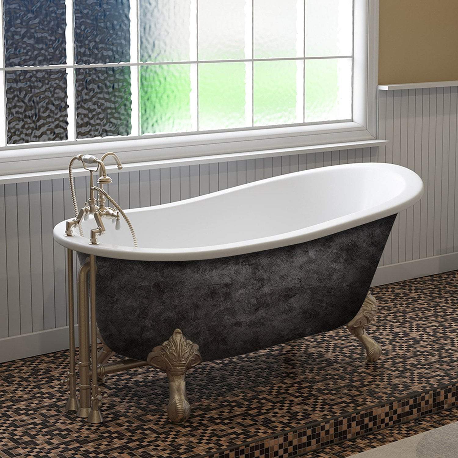 Scorched Platinum 61” x 30” Cast Iron Slipper Bathtub with 7” Deck Mount Faucet Holes and Brushed Nickel Feet