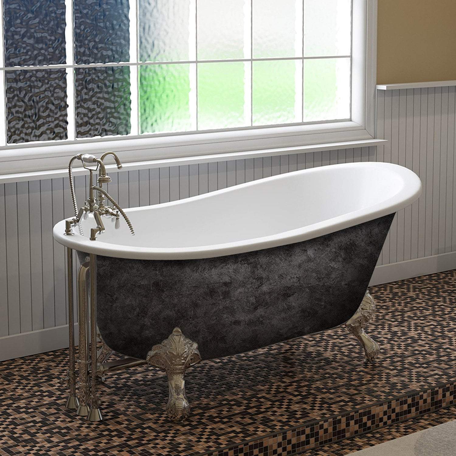 Scorched Platinum 61” x 30” Cast Iron Slipper Bathtub with 7” Deck Mount Faucet Holes and Polished Chrome Feet