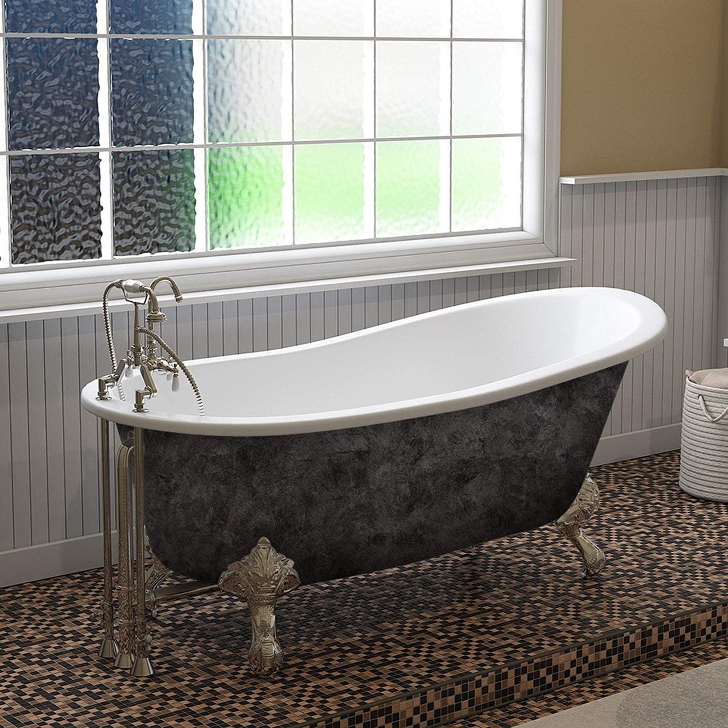 Scorched Platinum 67” x 30” Cast Iron Slipper Bathtub with” 7” Deck Mount Faucet Holes and Polished Chrome Ball and Claw Feet