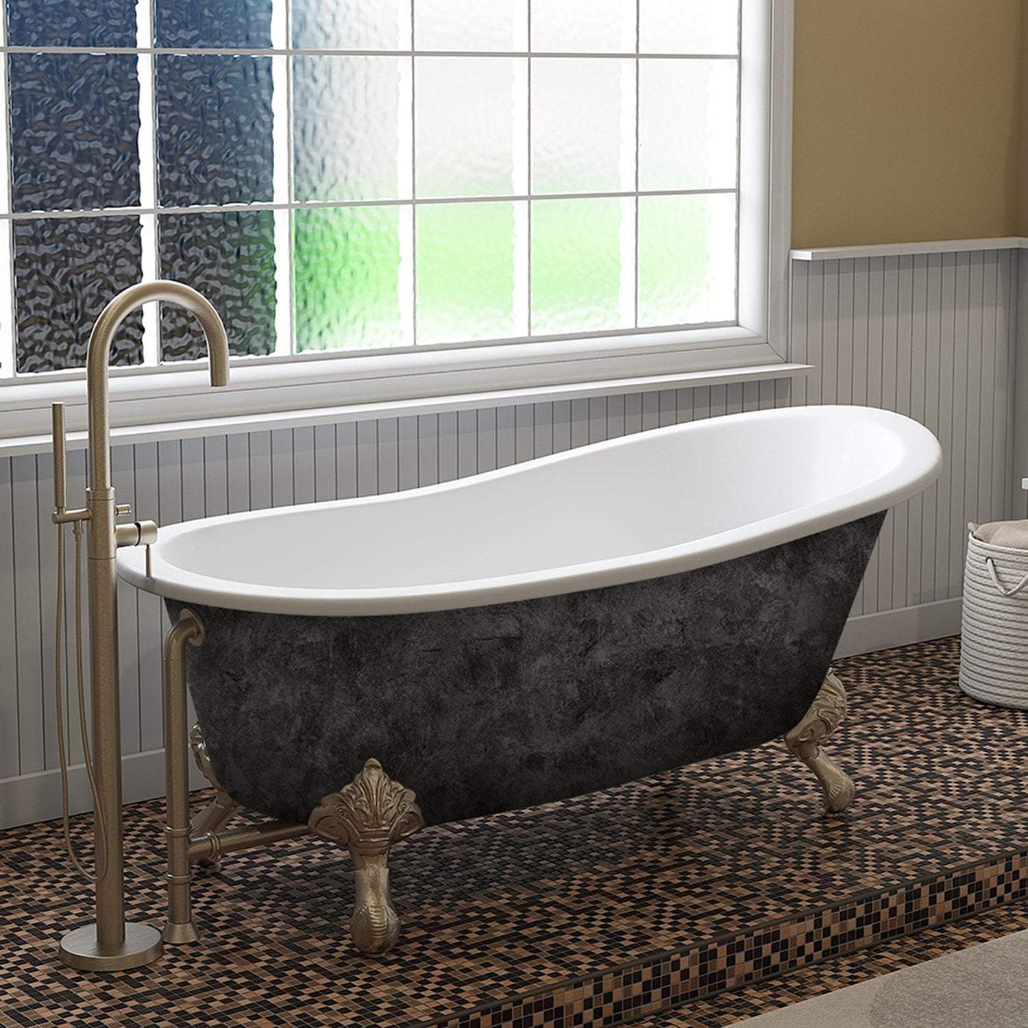 Scorched Platinum 67” x 30” Cast Iron Slipper Bathtub with” No Faucet Holes and Brushed Nickel Ball and Claw Feet
