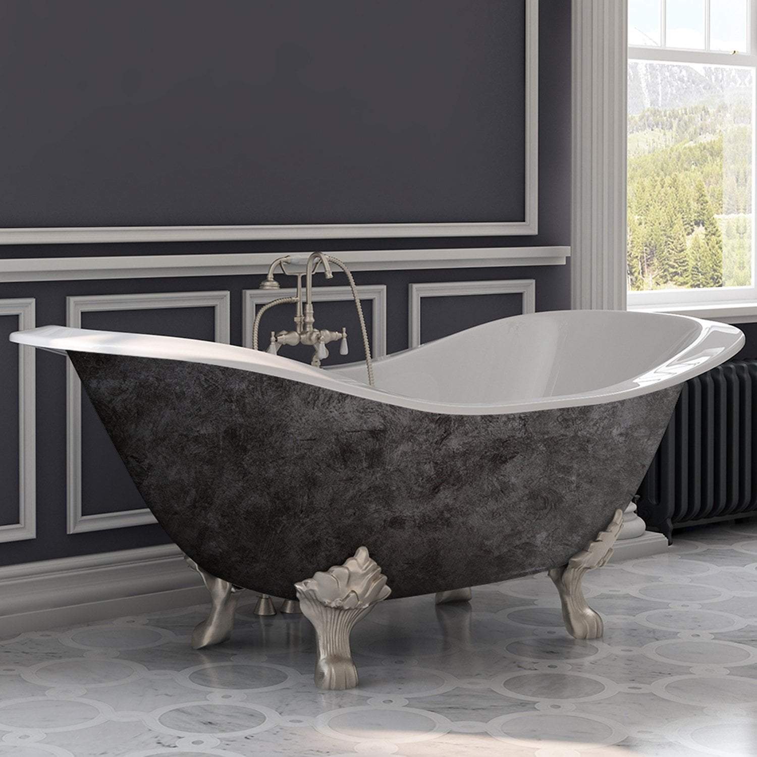 Scorched Platinum 71” Cast Iron Double Slipper Tub, Brushed Nickel Lion’s Paw Feet, 7 Inch Deck Mount Faucet Holes