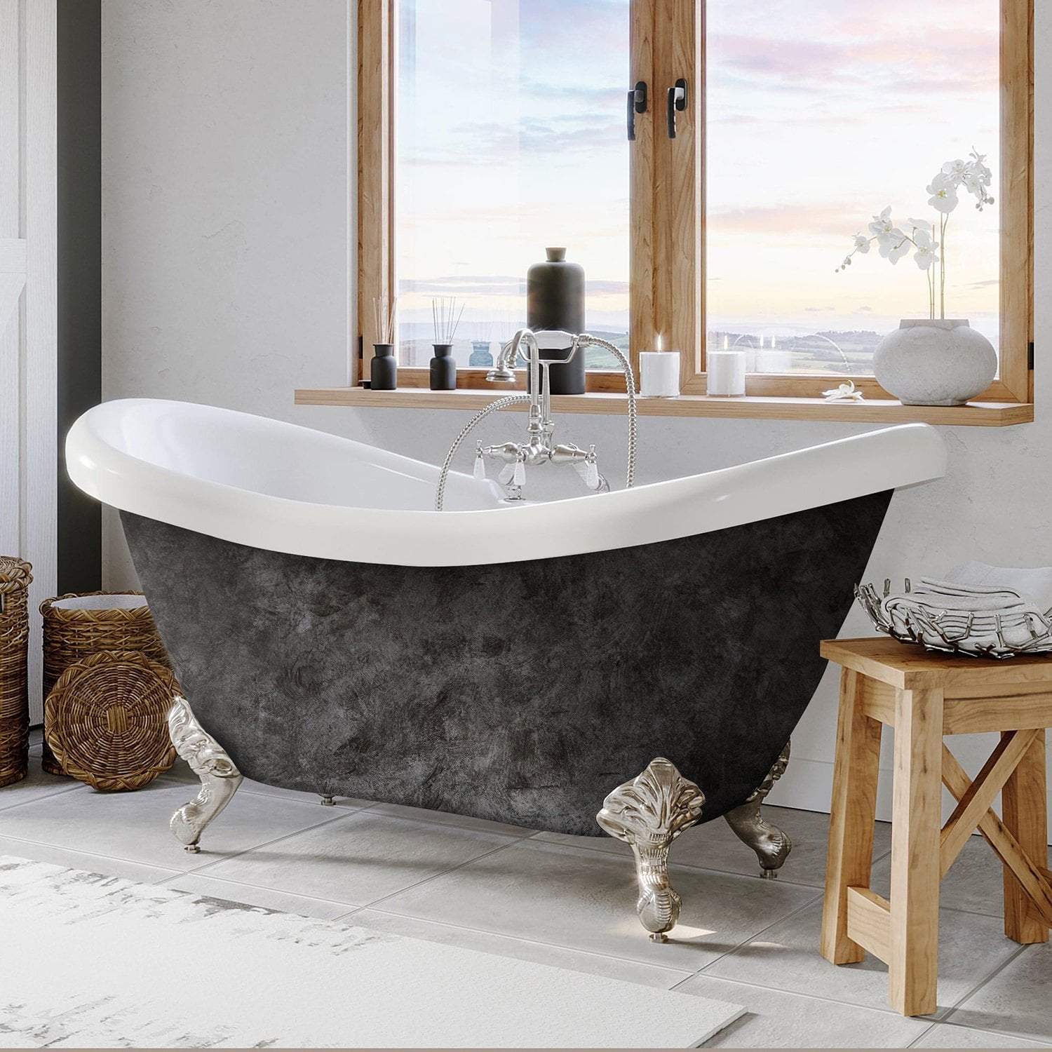 Scorched Platinum Acrylic Double Ended Slipper Bathtub 68" X 28" with 7" Deck Mount Faucet Drillings and Brushed Nickel Feet