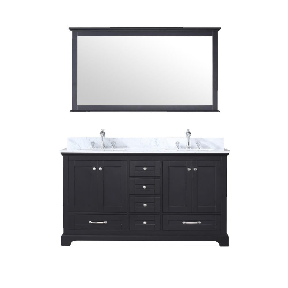 60" Espresso Double Vanity, White Carrara Marble Top, Square Sinks, 58" Mirror