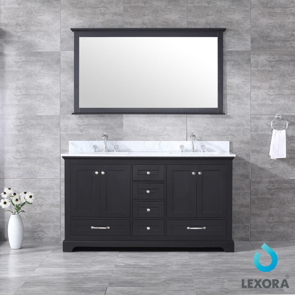 60" Espresso Double Vanity, White Carrara Marble Top, Square Sinks, 58" Mirror