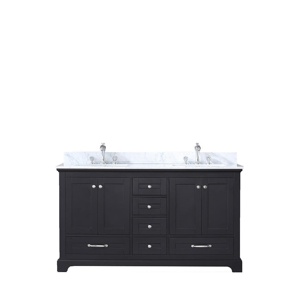 60" Espresso Double Vanity, White Carrara Marble Top, Square Sinks, no Mirror