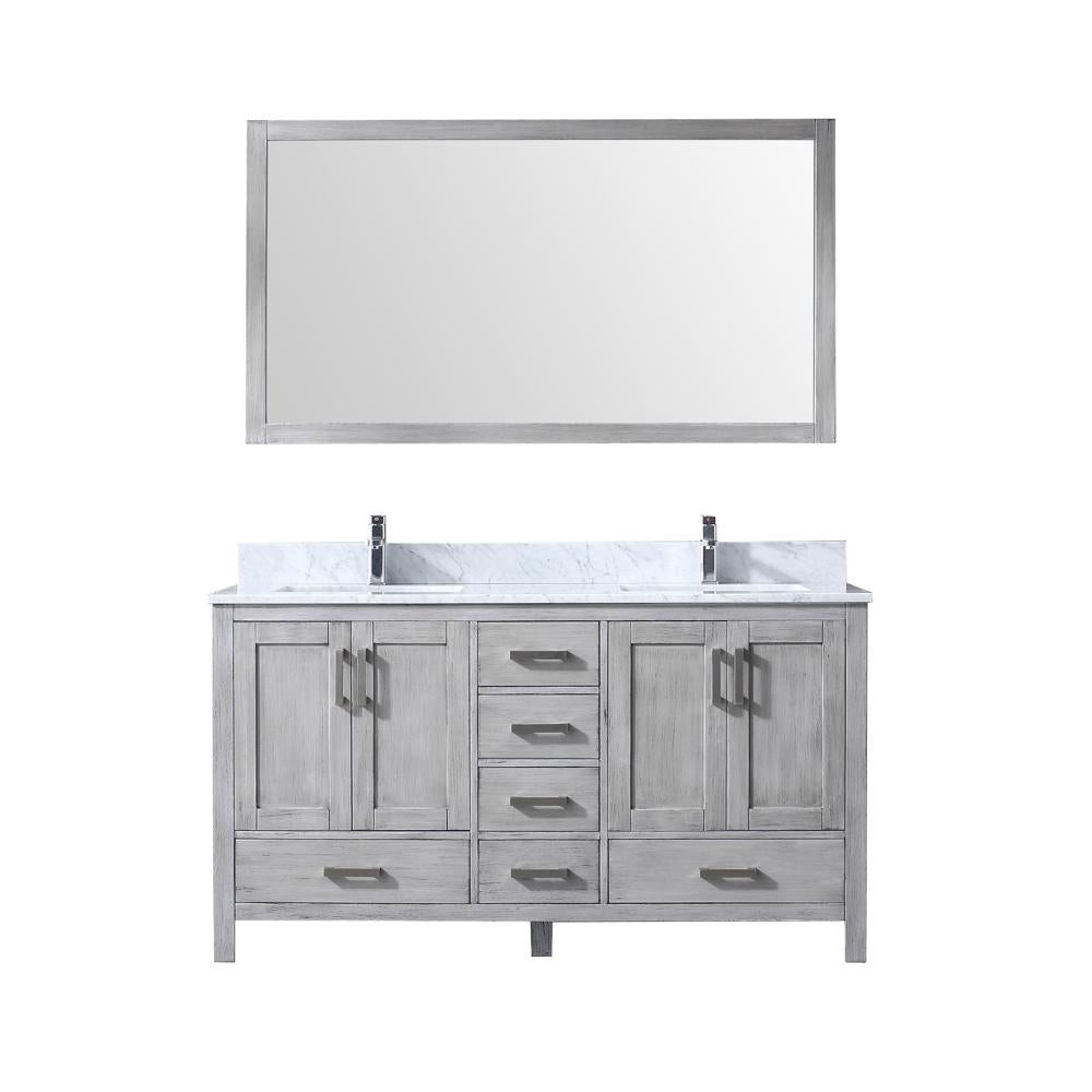 60" Grey Double Vanity, White Carrara Marble Top, Square Sinks, 58" Mirror