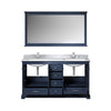60&quot; Navy Blue Double Vanity, White Carrara Marble Top, White Square Sinks and 58&quot; Mirror w/ Faucets