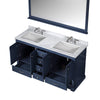 60&quot; Navy Blue Double Vanity, White Carrara Marble Top, White Square Sinks and 58&quot; Mirror w/ Faucets