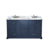 60&quot; Navy Blue Double Vanity, White Carrara Marble Top, White Square Sinks and no Mirror
