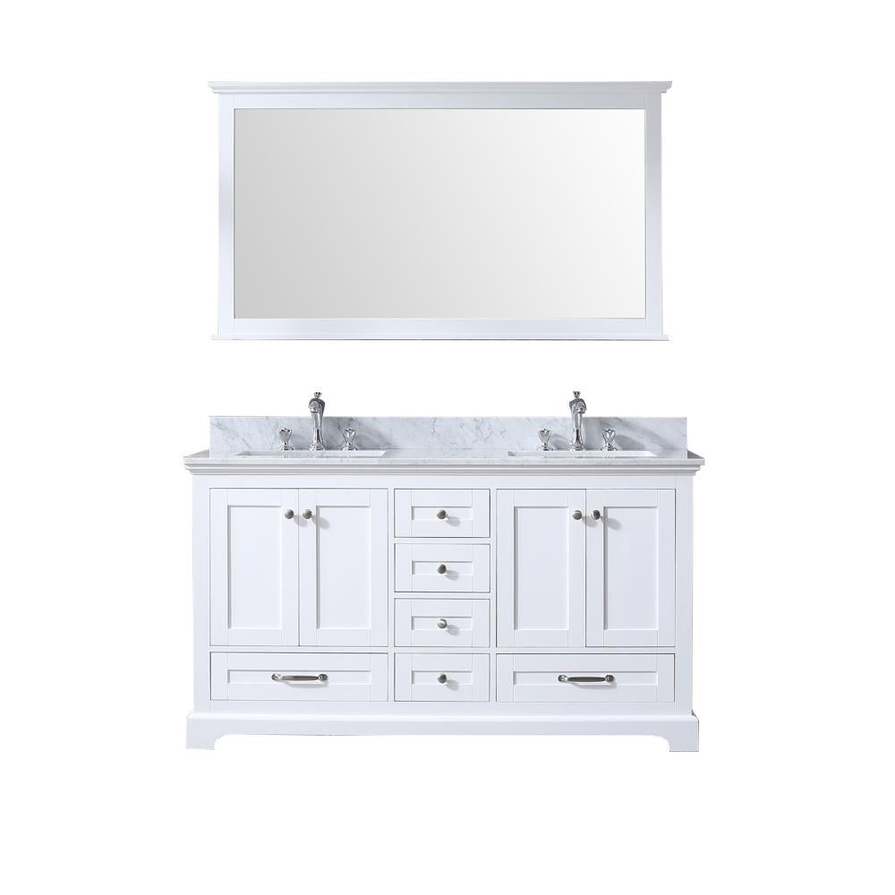 60" White Double Vanity, White Carrara Marble Top, Square Sinks, 58" Mirror