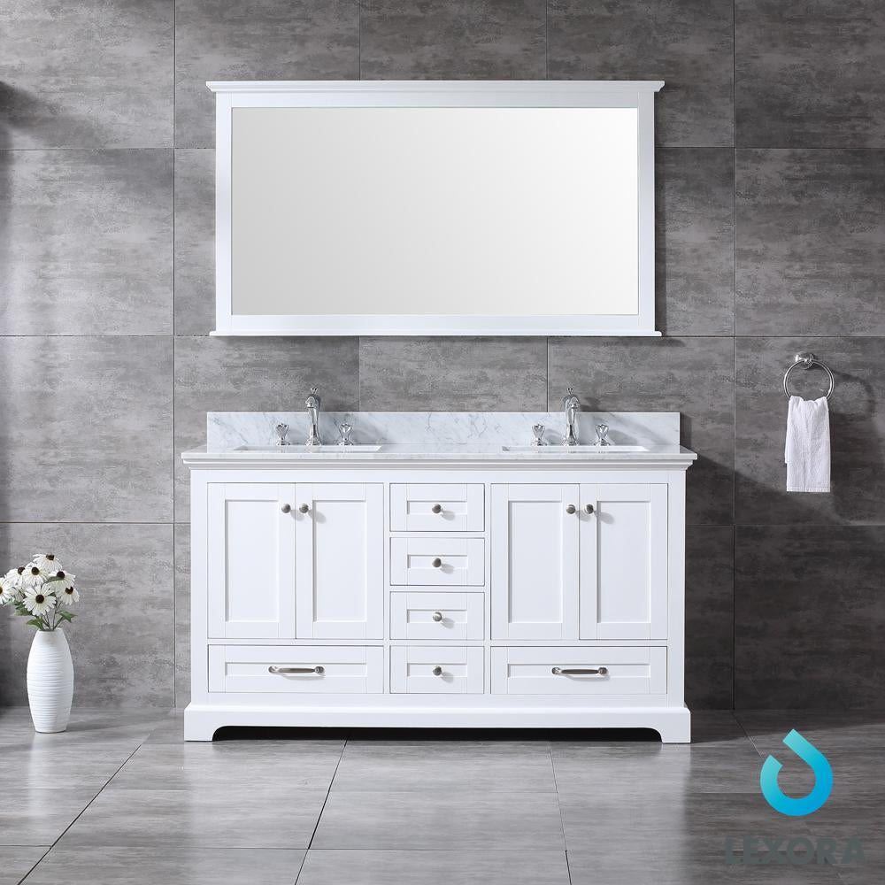 60" White Double Vanity, White Carrara Marble Top, Square Sinks, 58" Mirror