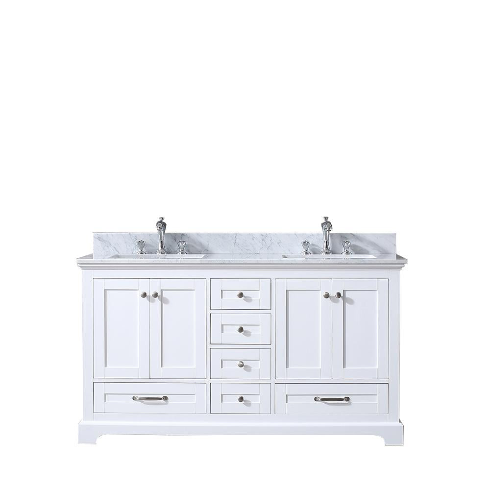 60" White Double Vanity, White Carrara Marble Top, Square Sinks, no Mirror
