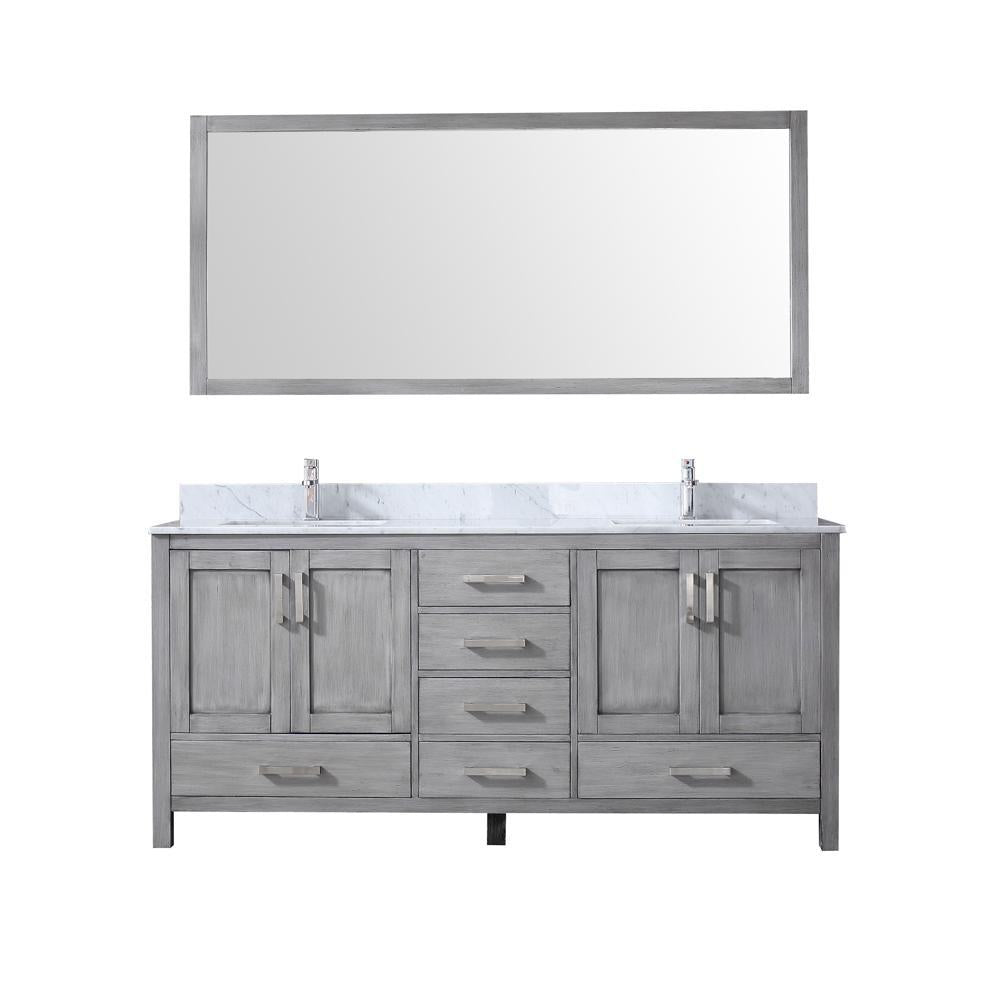 72" Grey Double Vanity, White Carrara Marble Top, Square Sinks, 70" Mirror