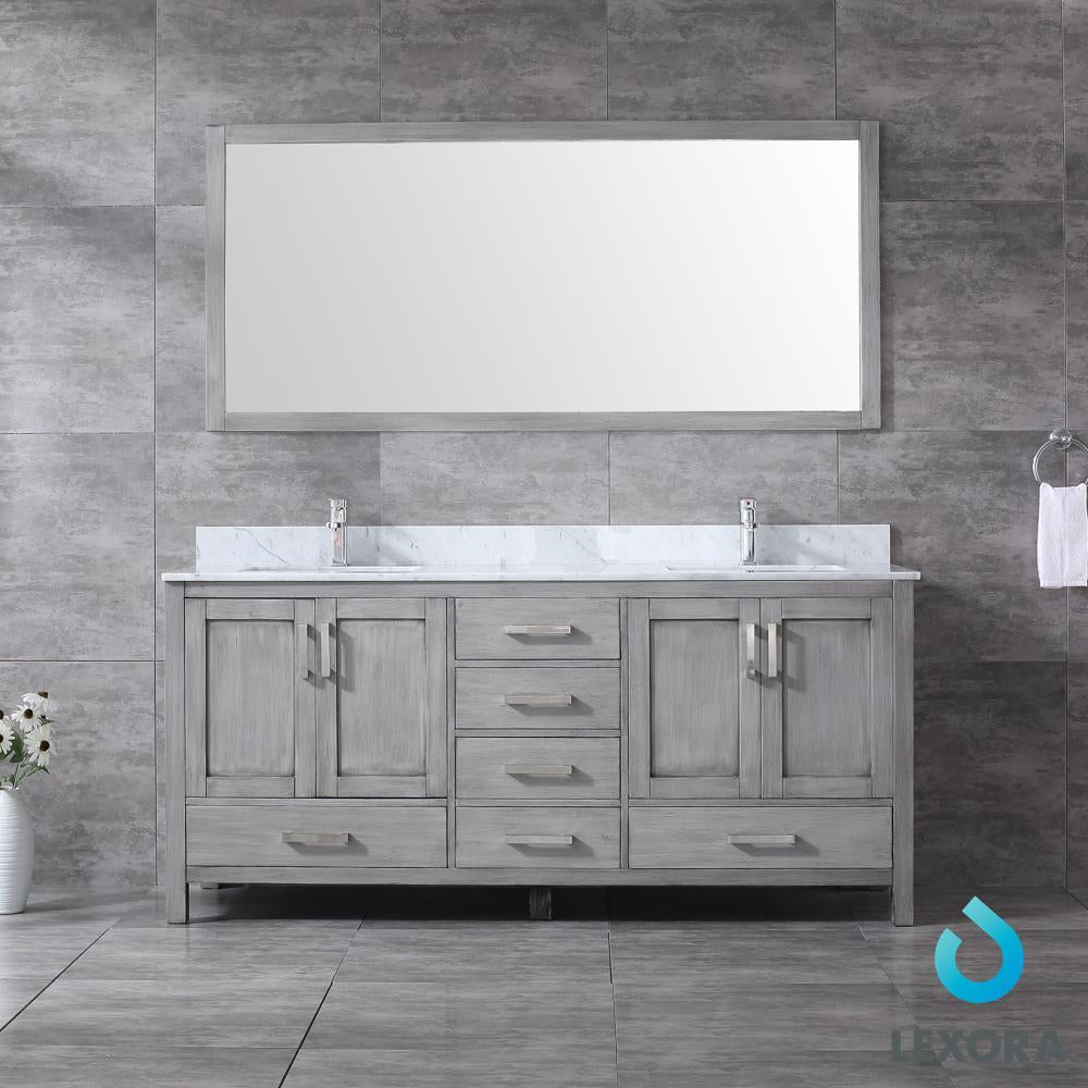 72" Grey Double Vanity, White Carrara Marble Top, Square Sinks, 70" Mirror