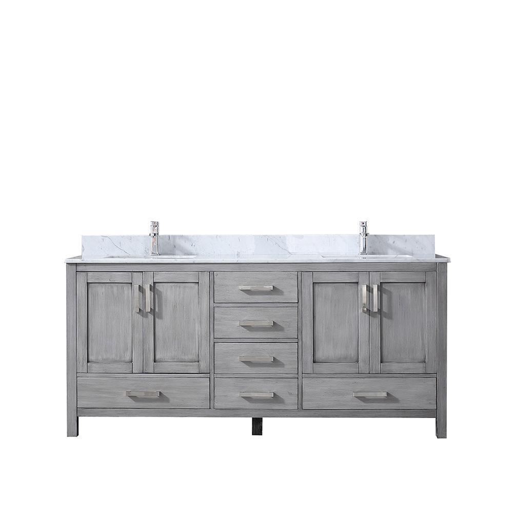 72" Grey Double Vanity, White Carrara Marble Top, Square Sinks, no Mirror