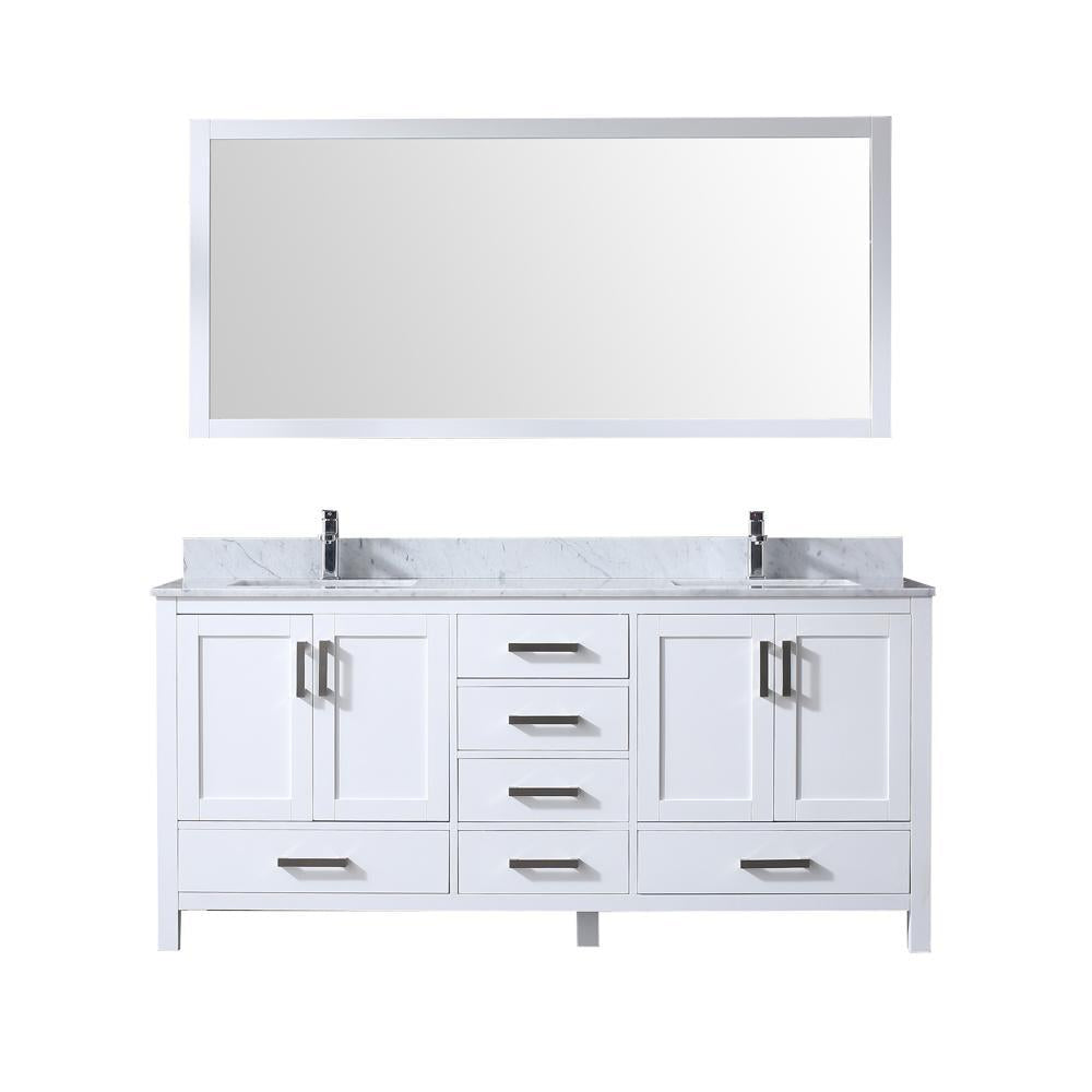 72" White Double Vanity, White Carrara Marble Top, Square Sinks, 70" Mirror