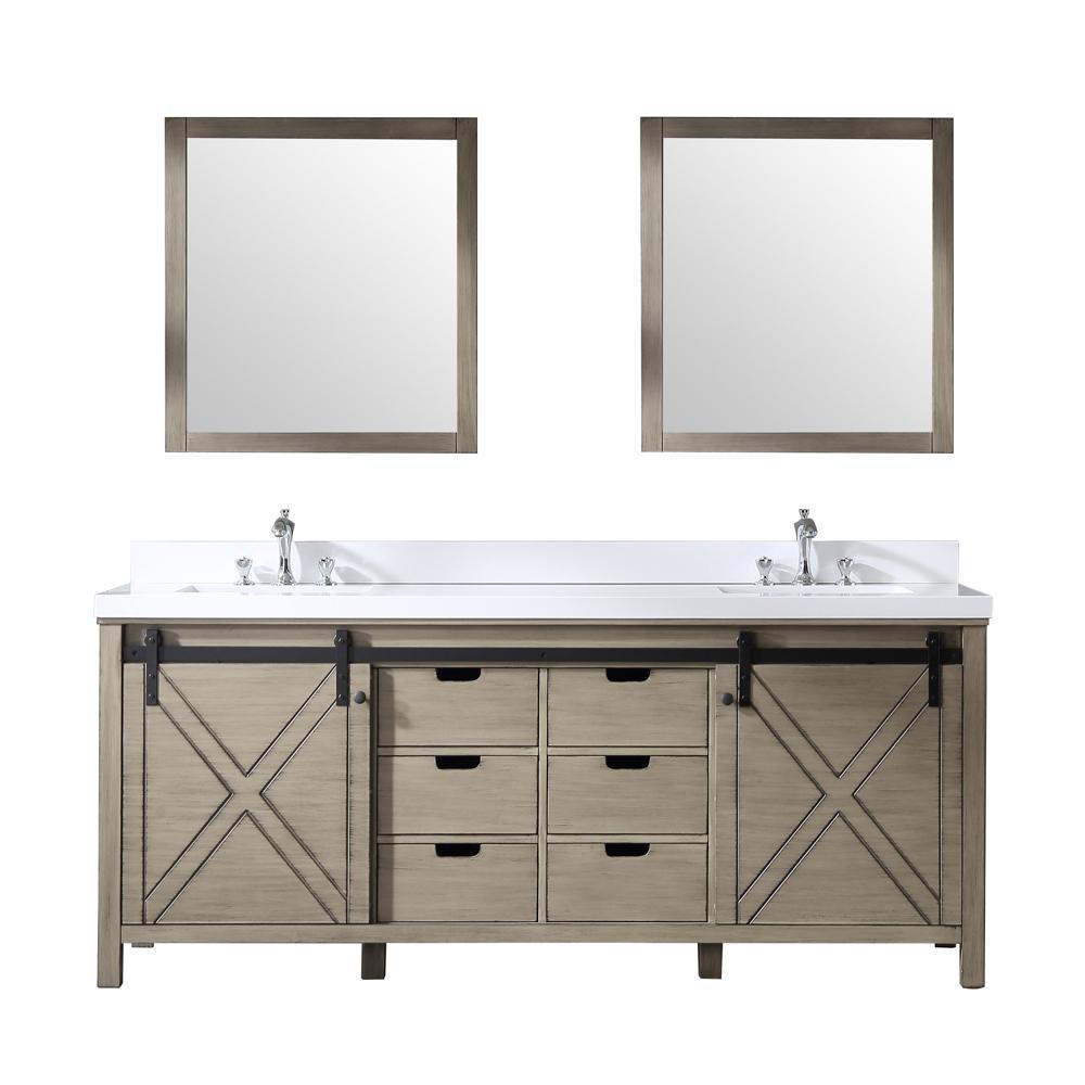 80" Ash Grey Double Vanity, White Quartz Top, Square Sinks, 30" Mirrors