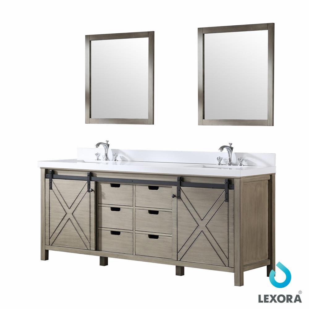80" Ash Grey Double Vanity, White Quartz Top, Square Sinks, 30" Mirrors