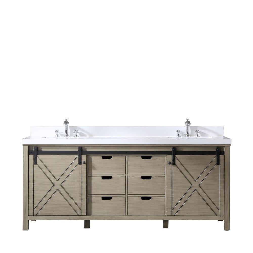 80" Ash Grey Double Vanity, White Quartz Top, Square Sinks, no Mirror
