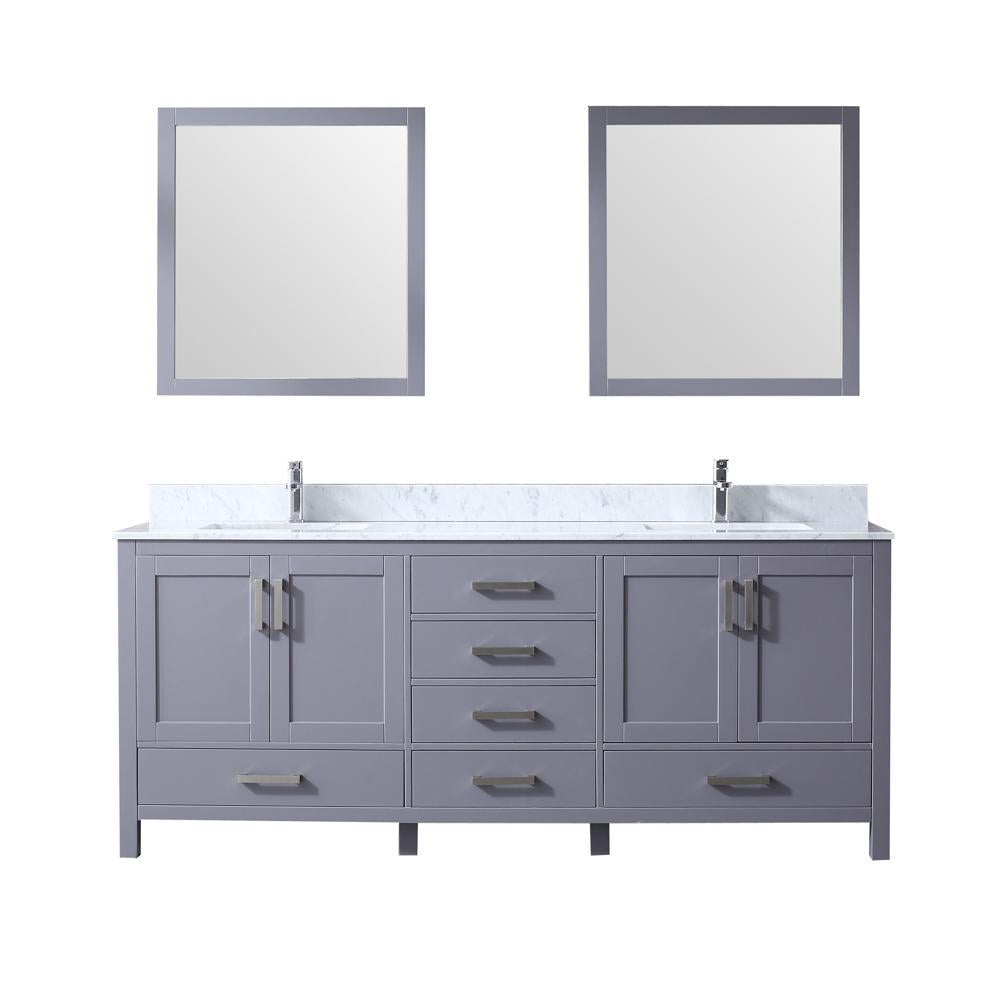 80" Dark Grey Double Vanity, White Carrara Marble Top, Square Sinks, 30" Mirrors