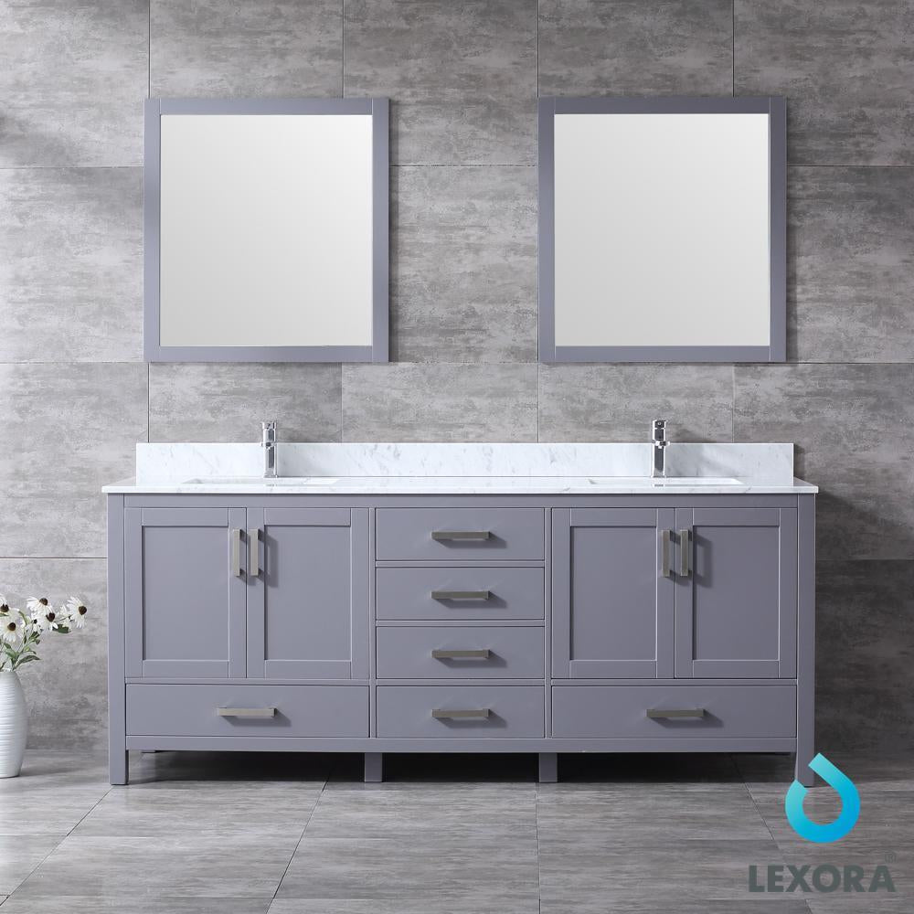 80" Dark Grey Double Vanity, White Carrara Marble Top, Square Sinks, 30" Mirrors