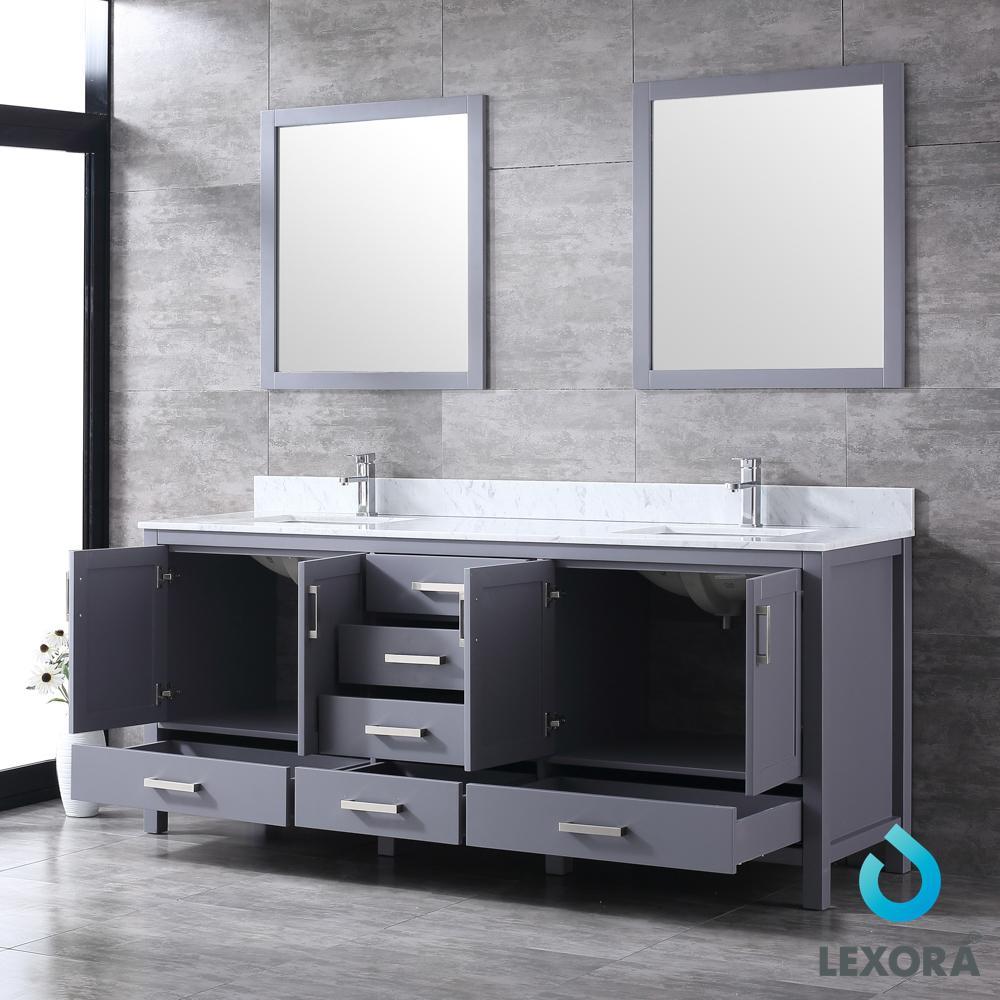 80&quot; Dark Grey Double Vanity, White Carrara Marble Top, Square Sinks, 30&quot; Mirrors