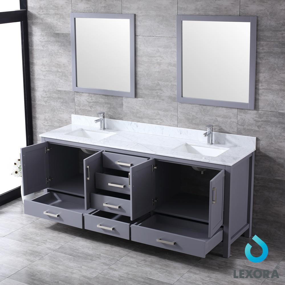 80&quot; Dark Grey Double Vanity, White Carrara Marble Top, Square Sinks, 30&quot; Mirrors