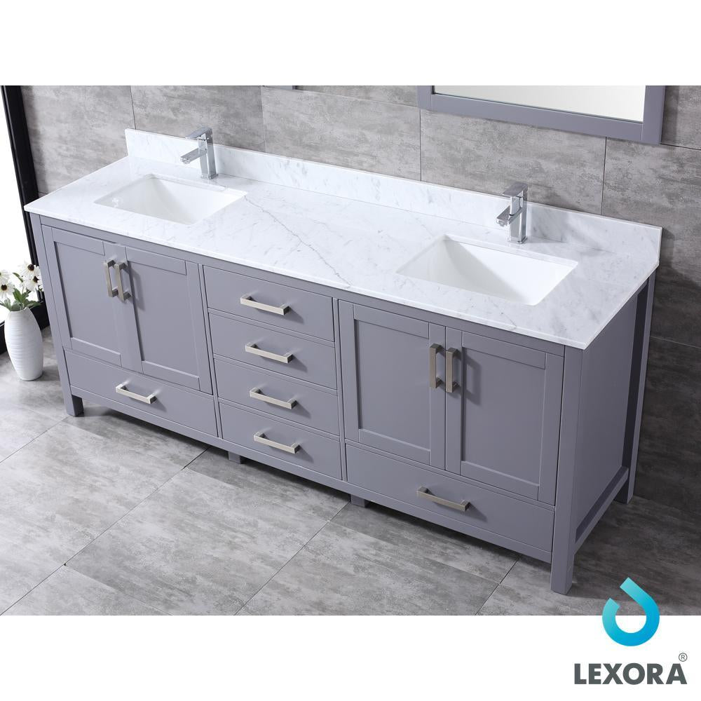 80&quot; Dark Grey Double Vanity, White Carrara Marble Top, Square Sinks, 30&quot; Mirrors