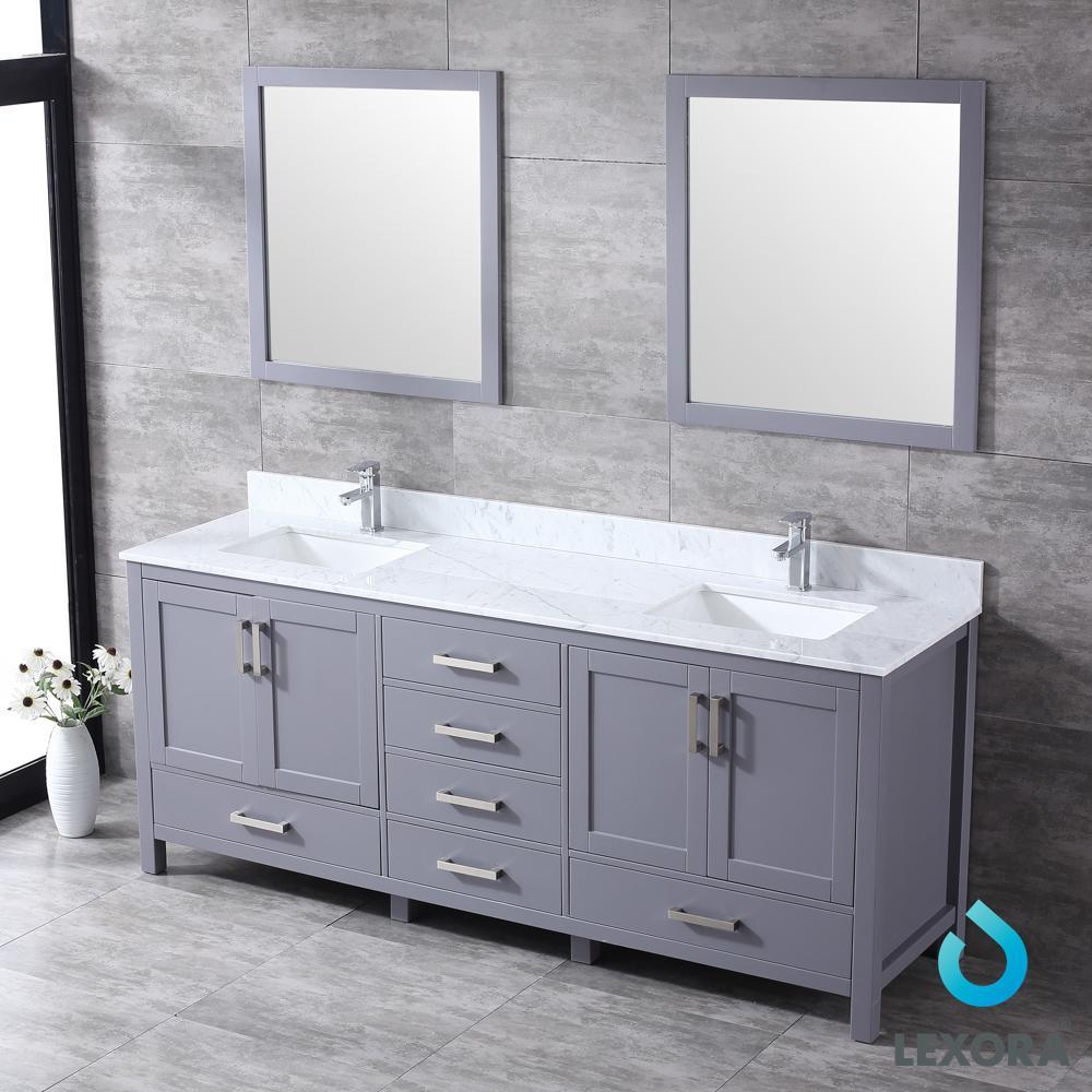 80&quot; Dark Grey Double Vanity, White Carrara Marble Top, Square Sinks, 30&quot; Mirrors