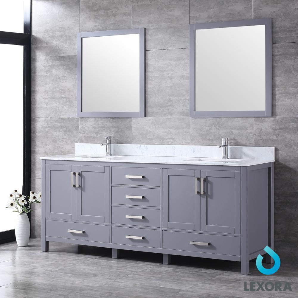 80&quot; Dark Grey Double Vanity, White Carrara Marble Top, Square Sinks, 30&quot; Mirrors