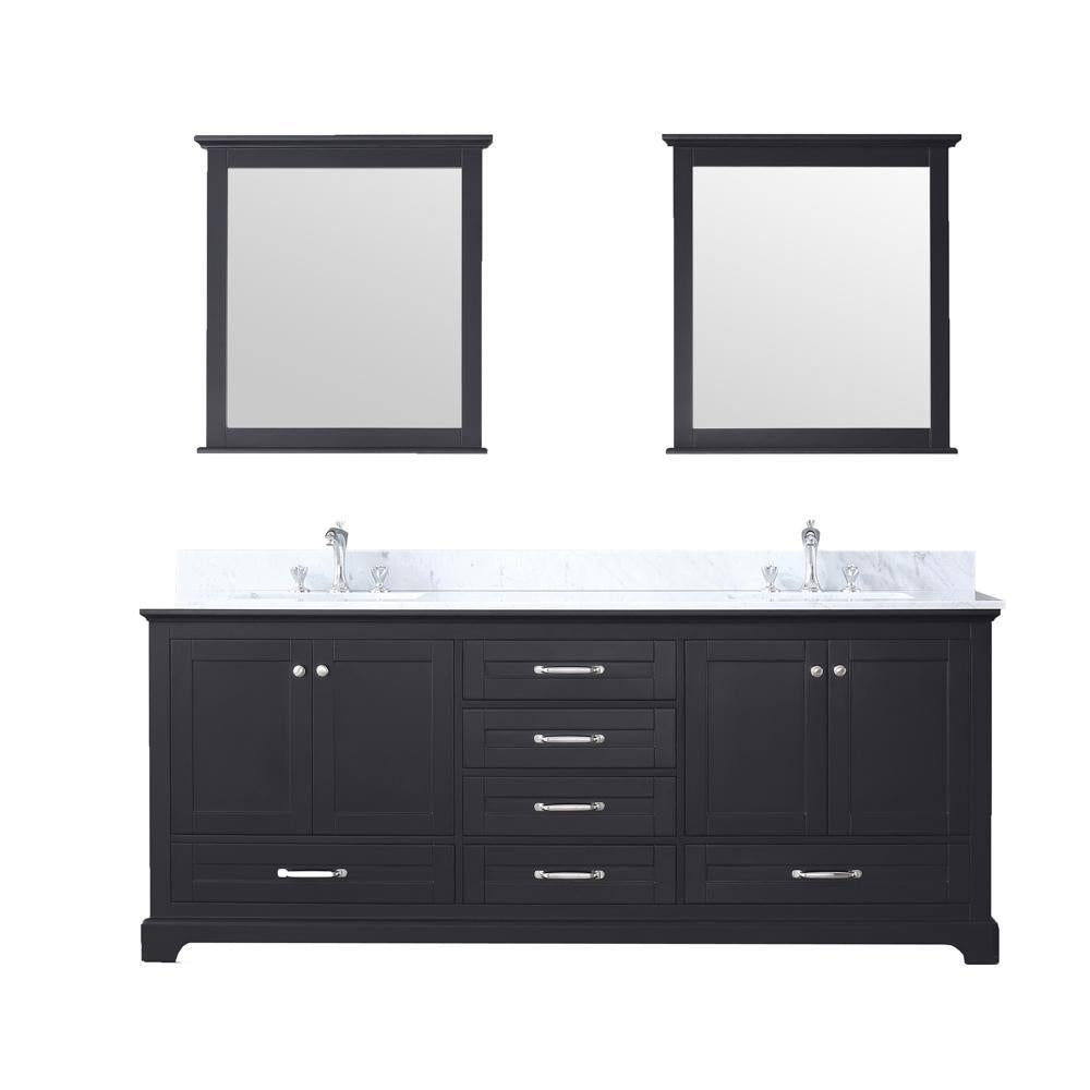 80" Espresso Double Vanity, White Carrara Marble Top, Square Sinks, 30" Mirrors