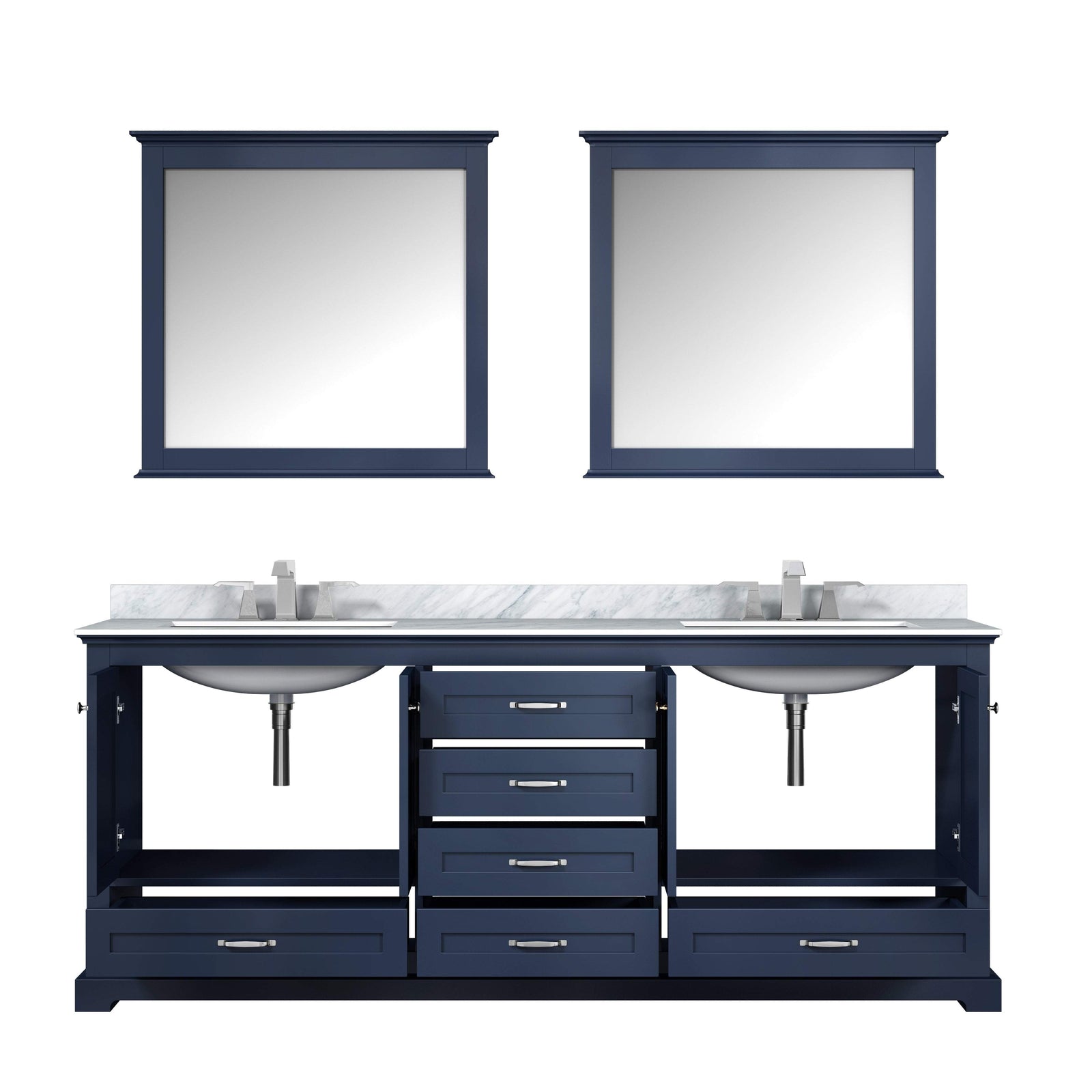 80" Navy Blue Double Vanity, White Carrara Marble Top, White Square Sinks and 30" Mirrors