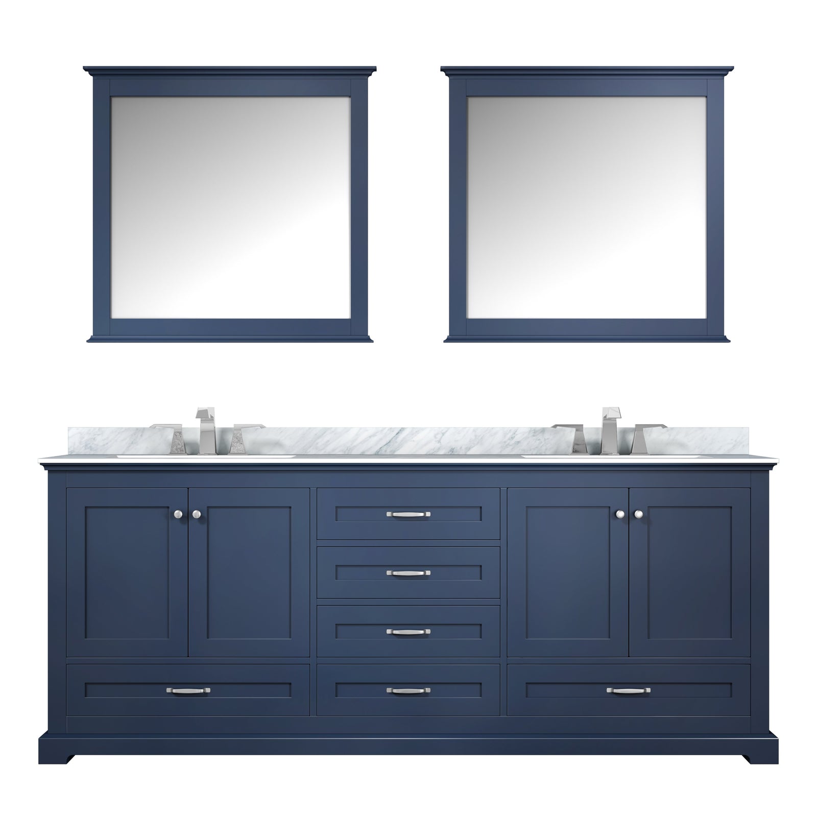 80" Navy Blue Double Vanity, White Carrara Marble Top, White Square Sinks and 30" Mirrors w/ Faucets