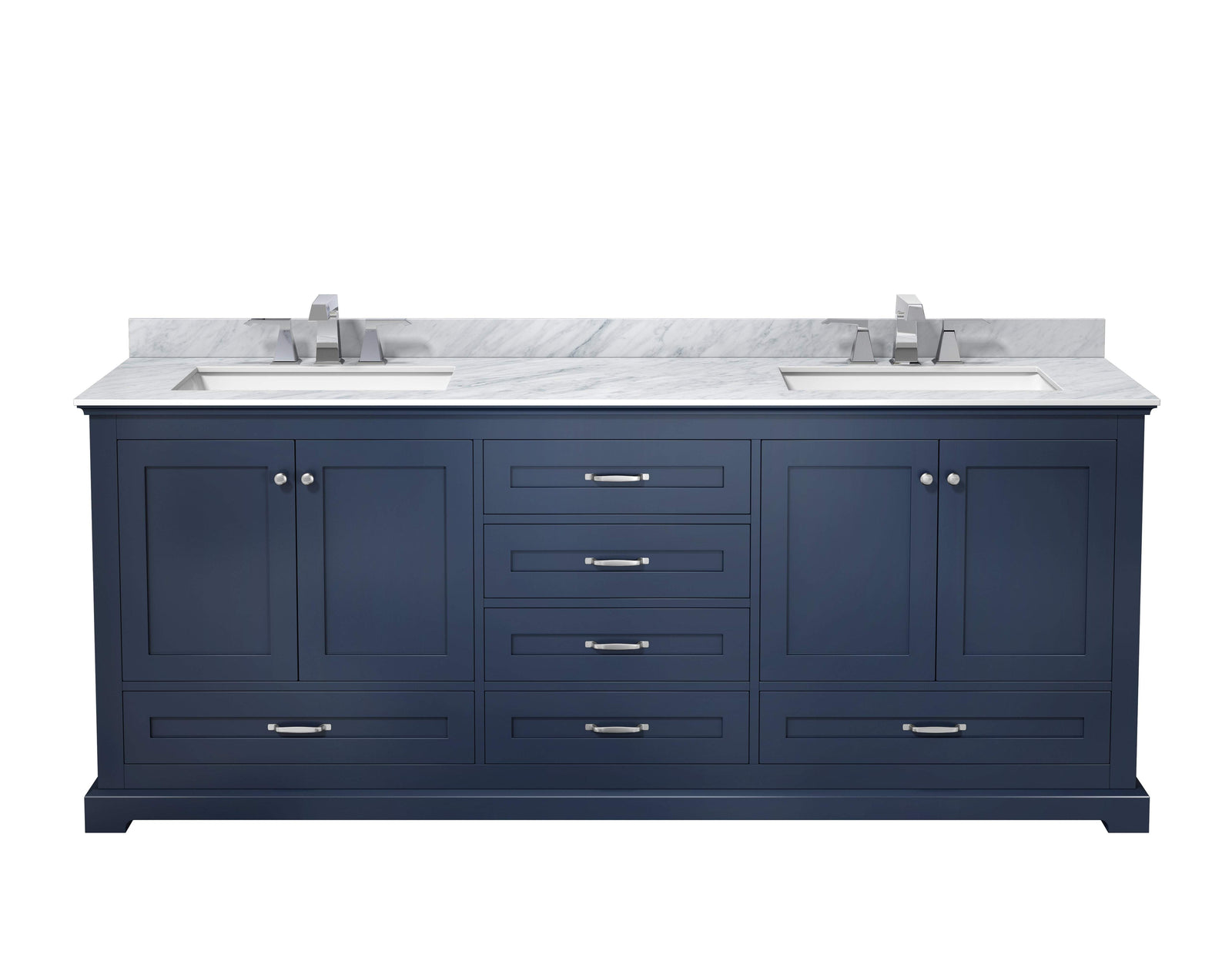80" Navy Blue Double Vanity, White Carrara Marble Top, White Square Sinks and no Mirror
