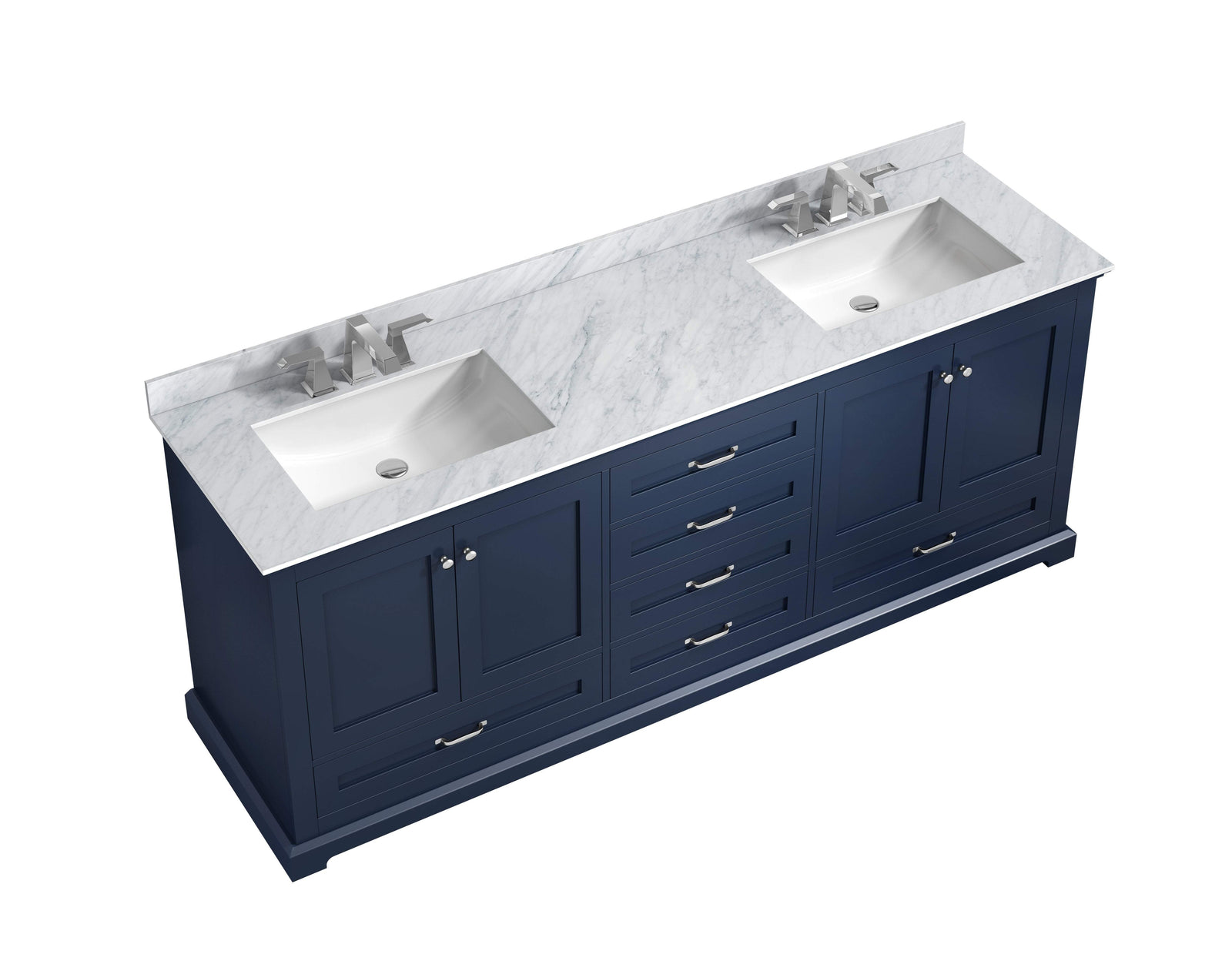 80" Navy Blue Double Vanity, White Carrara Marble Top, White Square Sinks and no Mirror