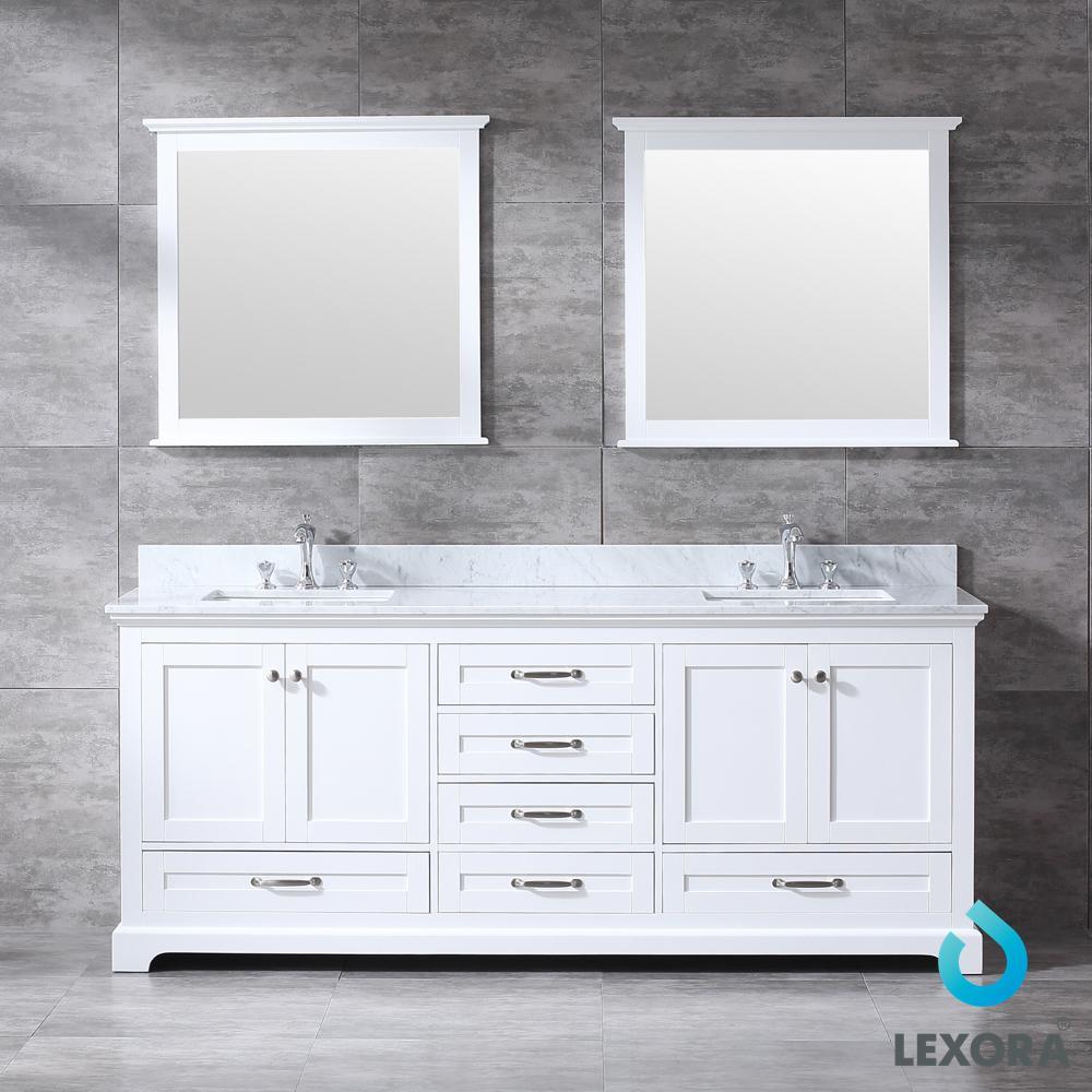 80" White Double Vanity, White Carrara Marble Top, Square Sinks, 30" Mirrors