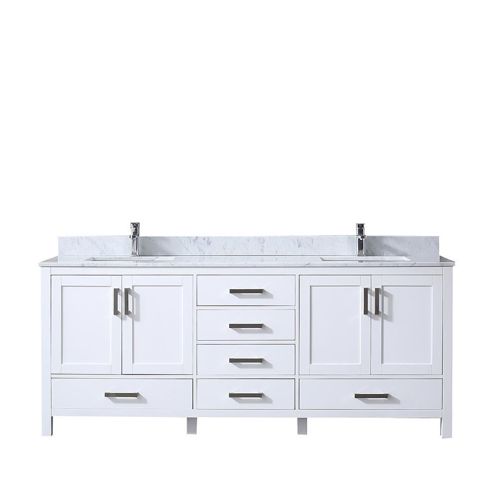 80" White Double Vanity, White Carrara Marble Top, Square Sinks, no Mirror