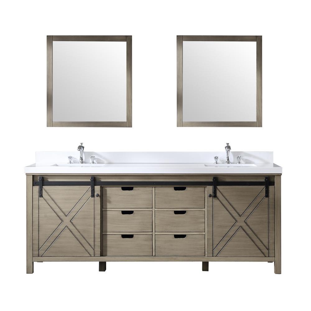 84" Ash Grey Double Vanity, White Quartz Top, Square Sinks, 34" Mirrors